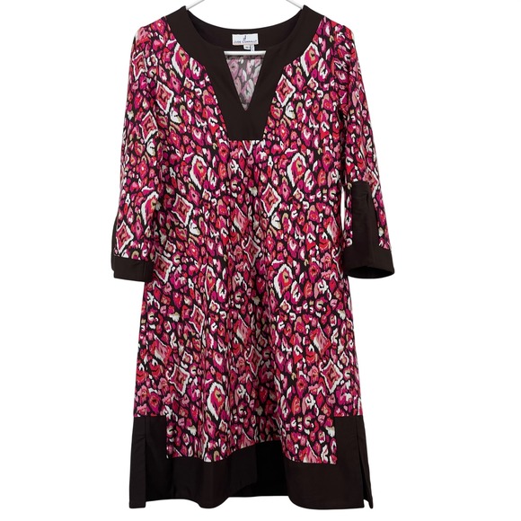 Jude Connally Dresses & Skirts - Jude Connally Size S Holly Dress Pink Brown Ikat Print Split Neck Shift Abstract